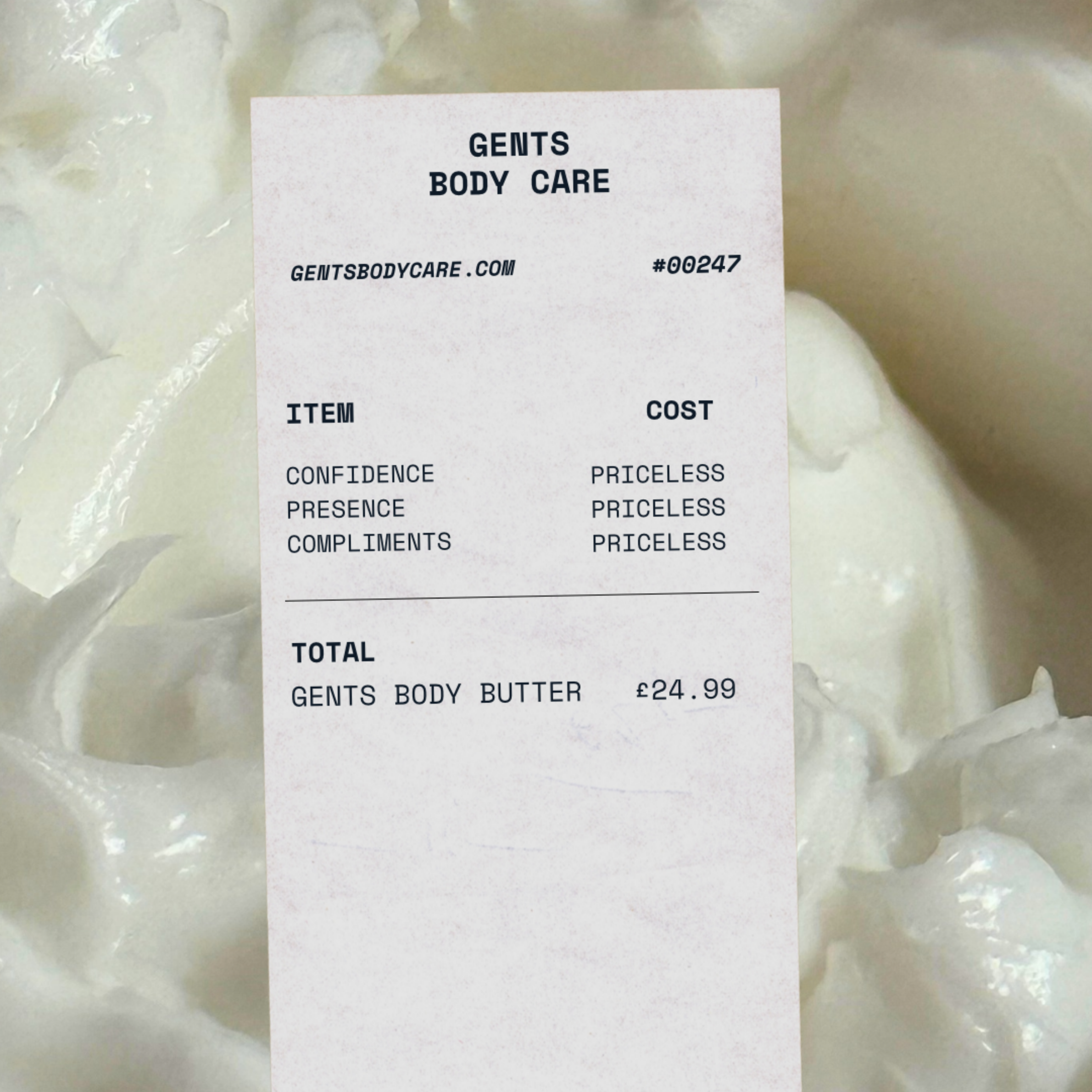 Hand taking body butter from a container labeled 'gents Body Butter for Men.'