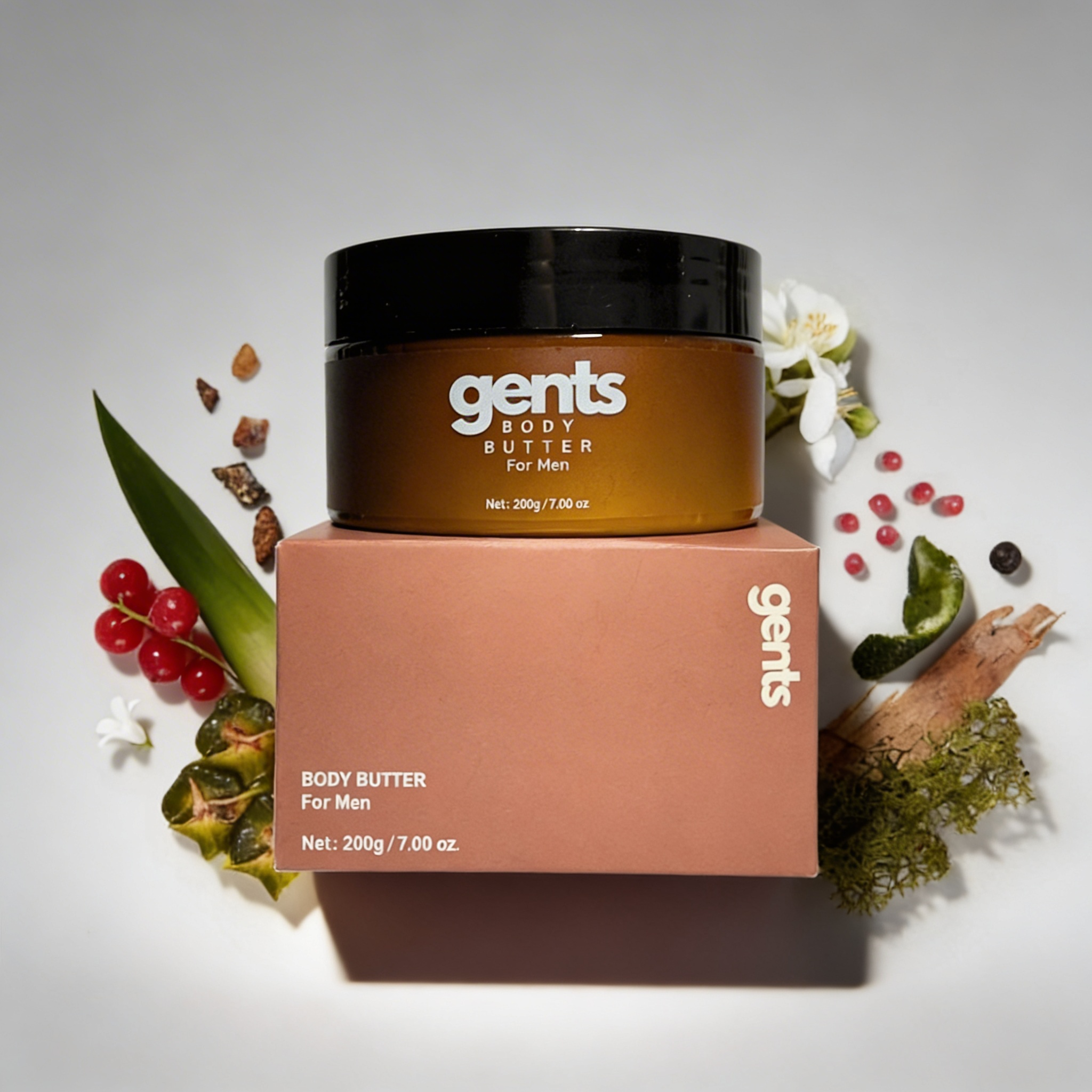 Hand taking body butter from a container labeled 'gents Body Butter for Men.'