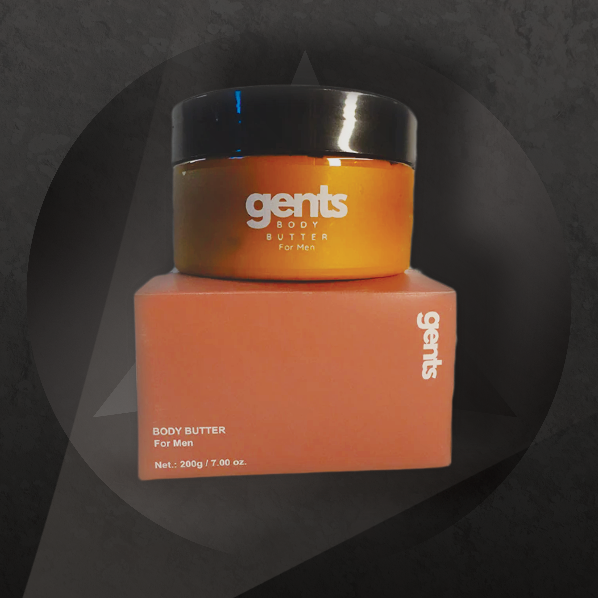 Hand taking body butter from a container labeled 'gents Body Butter for Men.'
