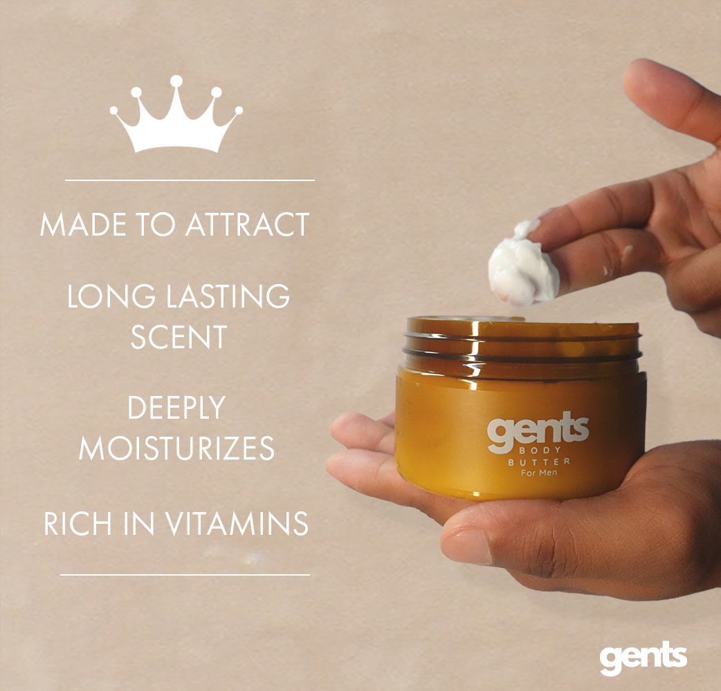 Hand taking body butter from a container labeled 'gents Body Butter for Men.'
