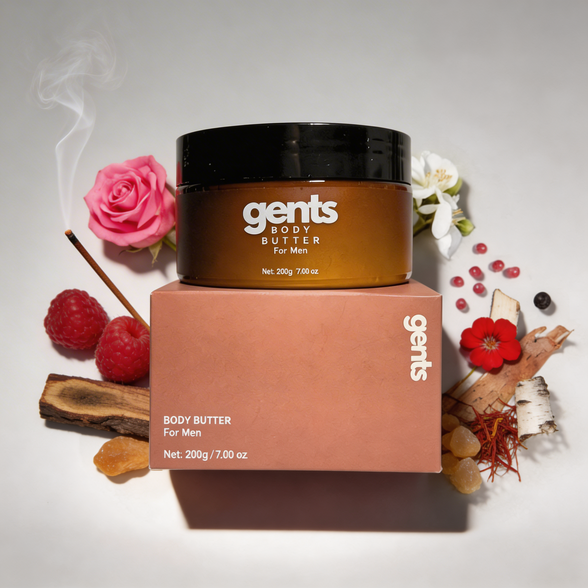 Hand taking body butter from a container labeled 'gents Body Butter for Men.'