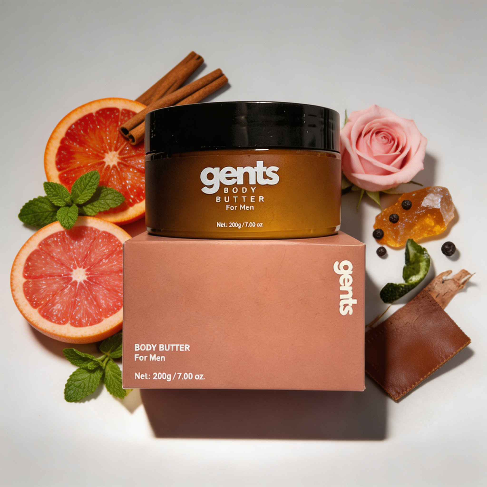 Hand taking body butter from a container labeled 'gents Body Butter for Men.'