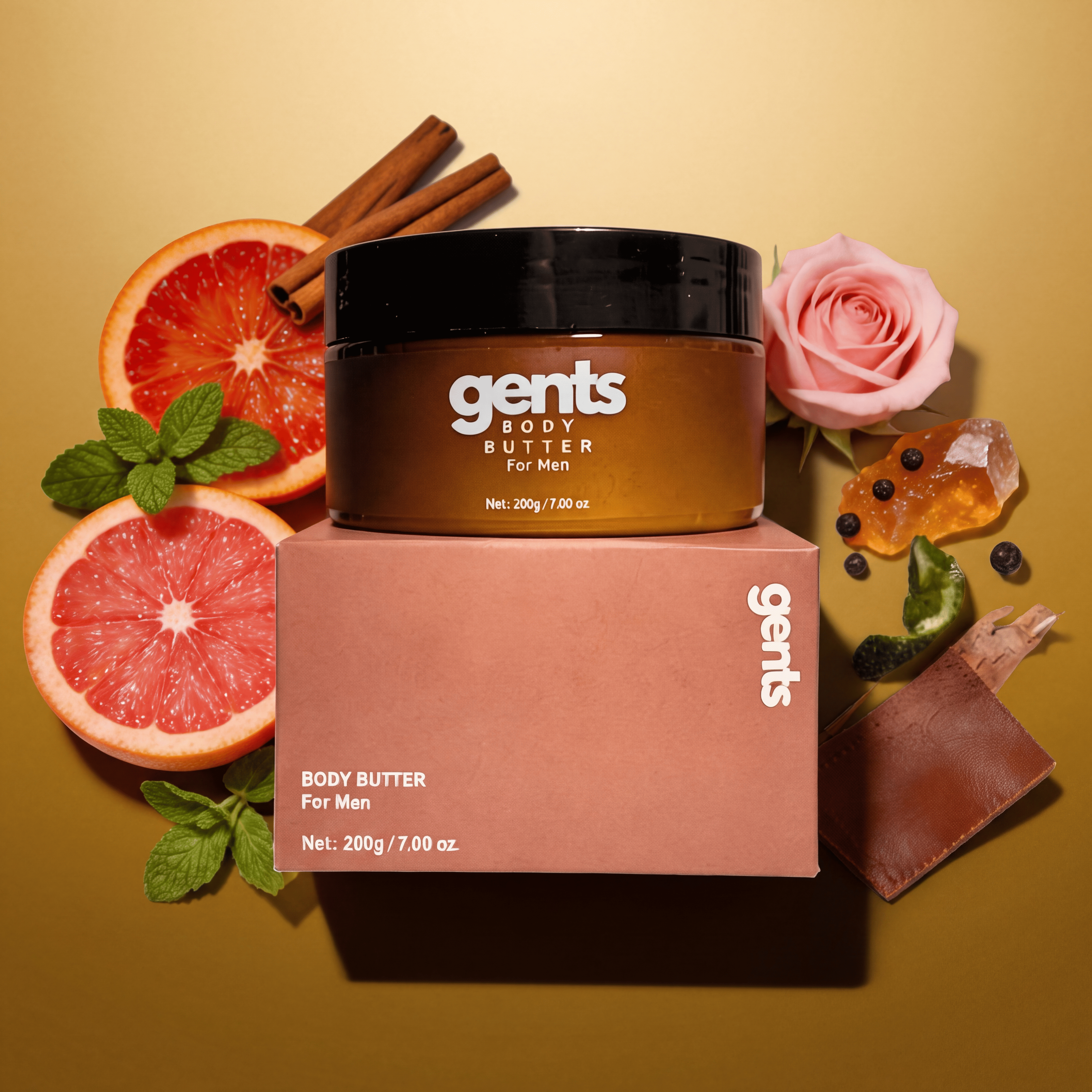 Hand taking body butter from a container labeled 'gents Body Butter for Men.'