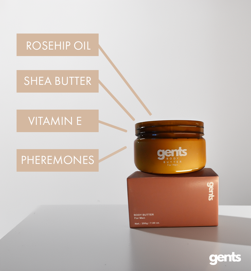 Hand taking body butter from a container labeled 'gents Body Butter for Men.'